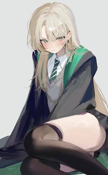 Пост #917: tea (teahrii), harry potter (series), wizarding world, malfoid, 1girl, black robe, blonde hair, blush