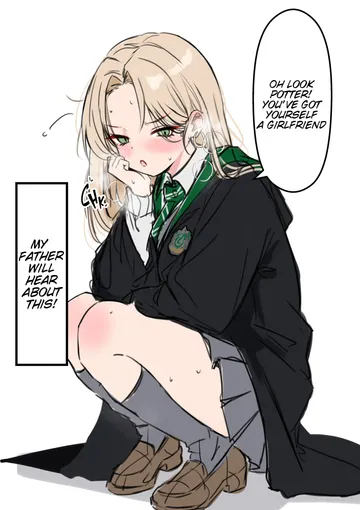Пост #1192: nakatokung, harry potter (series), wizarding world, malfoid, 1girl, arm on own leg, black coat, blonde hair