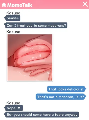 Пост #3299: rancidronin, blue archive, kazusa (blue archive), 1girl, chat log, english text, fake screenshot, fingernails