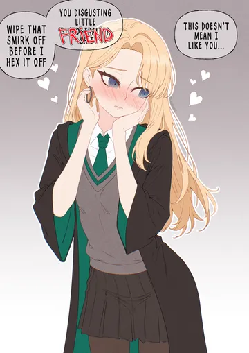 Пост #1330: cheeso art, harry potter (series), wizarding world, malfoid, 1girl, black cloak, blonde hair, blush