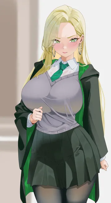Пост #1017: mahiro26672020, harry potter (series), wizarding world, malfoid, 1girl, black cloak, black pantyhose, black robe, black skirt, blonde hair, blush, breasts