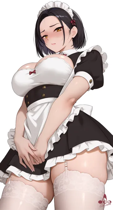 Пост #1384: infinote, original, yashiki yuuko (infinote), 1girl, apron, artist name, black hair, blush