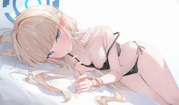 Пост #3325: sikimosh, blue archive, toki (blue archive), 1girl, bed sheet, black bra, black panties, blonde hair