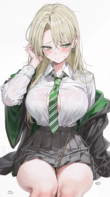 Пост #1244: myung yi, harry potter (series), wizarding world, malfoid, 1girl, blonde hair, breasts, button gap