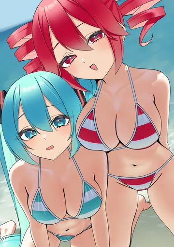 Пост #2214: amaama (beccyonaika1), utau, vocaloid, hatsune miku, kasane teto, 2girls, alternate breast size (larger), aqua eyes