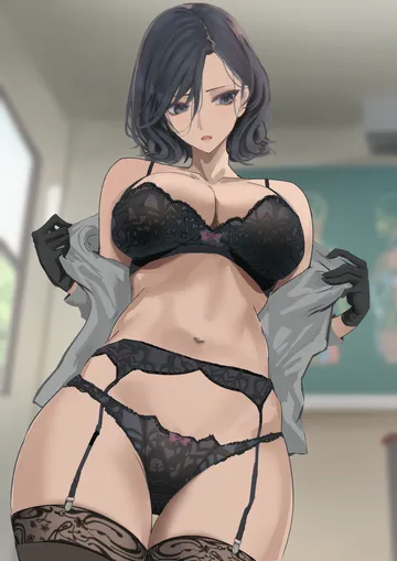 Пост #4046: kesoshirou, original, art teacher (kesoshirou), 1girl, bare shoulders, black bra, black garter belt, black gloves