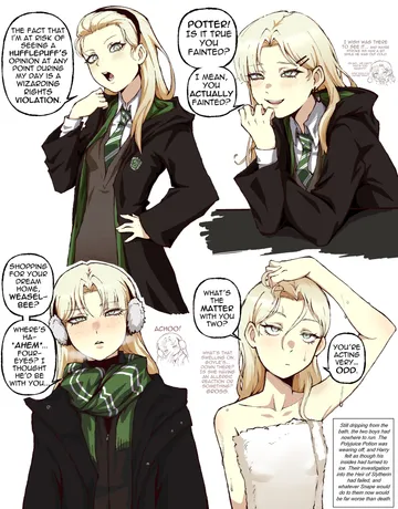 Пост #1172: kekel, harry potter (series), wizarding world, malfoid, 1girl, black cloak, black hairband, blonde hair