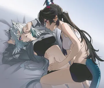 Пост #1791: baesong, arknights, arknights: endfield, arcane (arknights), chen qianyu (arknights), 2girls, black bra, black hair