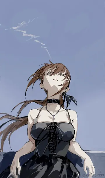 Пост #1928: 1girl, against railing, bare shoulders, black dress, blue sky, breasts, brown hair, choker
