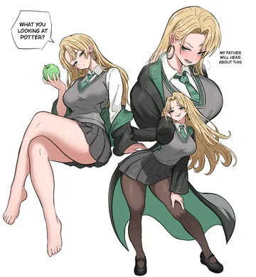 Пост #814: ishinabe art, harry potter (series), wizarding world, malfoid, 1girl, apple, artistic error, bad anatomy