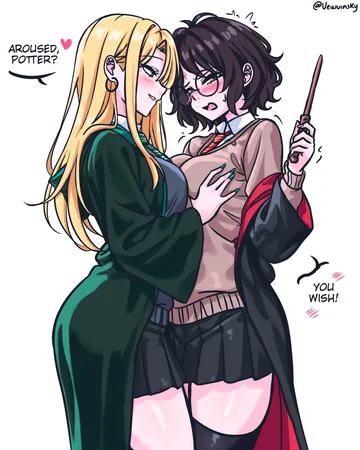 Пост #927: vewuinsky, harry potter (series), wizarding world, harry potter, malfoid, 2girls, black hair, black robe
