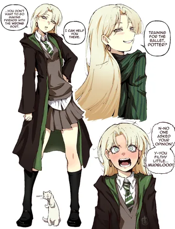 Пост #1438: kekel, harry potter (series), wizarding world, malfoid, 1girl, alternate costume, animalization, black cloak