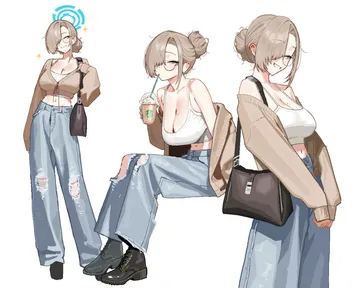 Пост #281: anyak05, blue archive, starbucks, asuna (blue archive), 1girl, alternate costume, alternate hairstyle, bag, blonde hair, blue eyes, blue halo, breasts