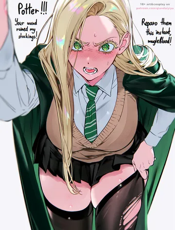 Пост #1161: qiandaiyiyu, harry potter (series), wizarding world, malfoid, 1girl, angry, black skirt, blonde hair