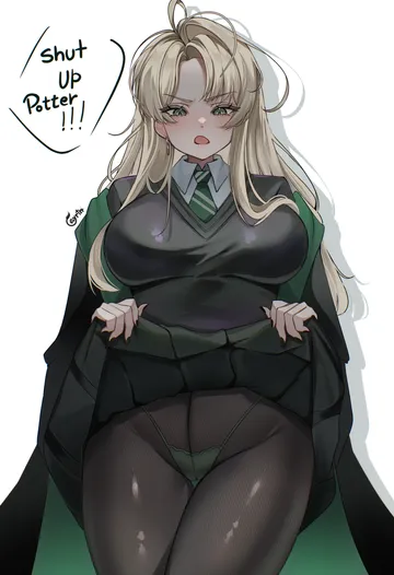 Пост #1228: ayrinsama, harry potter (series), wizarding world, malfoid, 1girl, black nails, black pantyhose, blonde hair