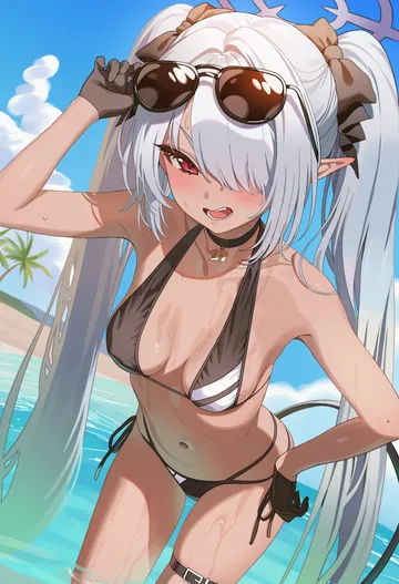 Пост #2985: wanju, blue archive, iori (blue archive), iori (swimsuit) (blue archive), 1girl, adjusting eyewear, beach, bikini