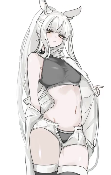 Пост #3425: renka (renxka), arknights, platinum (arknights), 1girl, animal ears, bare shoulders, black panties, black sports bra