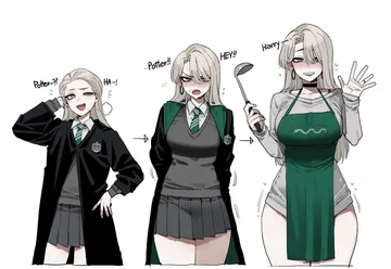 Пост #33: ratatatat74, harry potter (series), wizarding world, malfoid, :d, 1girl, age progression, alternate costume, apron, arms behind back, arrow (symbol), black choker
