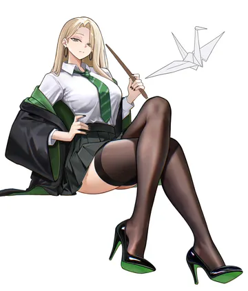Пост #535: nervi fd, harry potter (series), wizarding world, malfoid, 1girl, black shoes, blonde hair, breasts