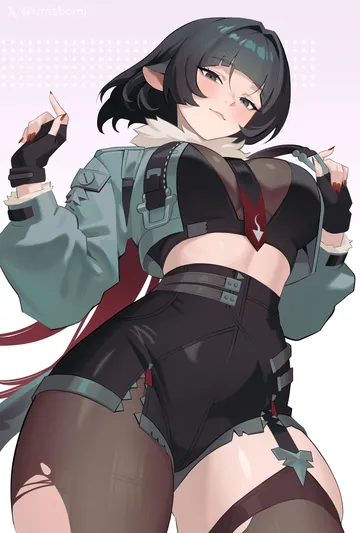 Пост #4015: umabomi, zenless zone zero, jane doe (zenless zone zero), 1girl, animal ears, black gloves, black hair, black pantyhose
