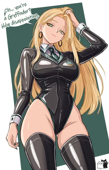Пост #808: rosvo, harry potter (series), wizarding world, malfoid, 1girl, adapted costume, black leotard, black thighhighs