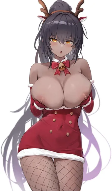 Пост #2104: karin (blue archive), :o, 1girl, alternate costume, animal ears, antlers, bare shoulders, bell