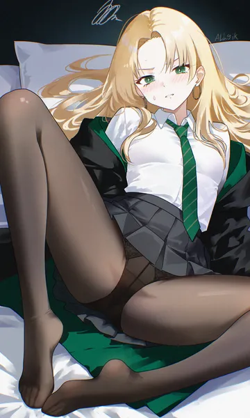 Пост #51: ahhgik, harry potter (series), wizarding world, malfoid, 1girl, black panties, black skirt, blonde hair, blush, breasts, brown pantyhose, closed mouth