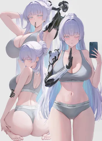 Пост #268: rizz (ac rizz), goddess of victory: nikke, nayuta (nikke), 1girl, abhaya mudra, adjusting hair, alternate costume, armpits