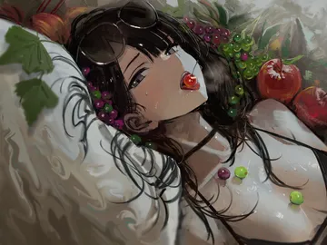 Пост #2882: hidulume, blue archive, ichika (blue archive), ichika (swimsuit) (blue archive), 1girl, apple, bikini, black bikini