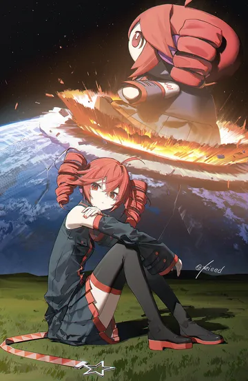 Пост #2218: kieed, utau, kasane teto, kasane teto (utau), 2girls, ahoge, arms on knees, artist name