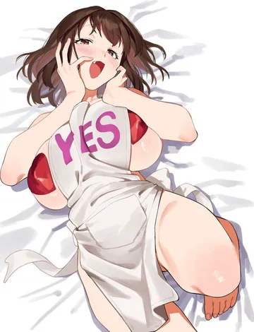 Пост #1306: muchi maro, seitokai ni mo ana wa aru!, kotobuki mayuki, 1girl, apron, blush, breasts, brown eyes, brown hair, fang, huge breasts, lying