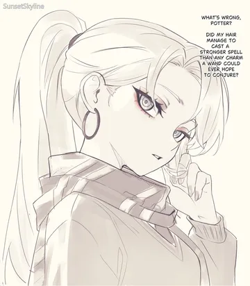 Пост #627: sunsetskyline, harry potter (series), wizarding world, malfoid, 1girl, artist name, breasts, earrings