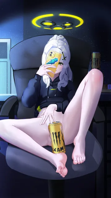 Пост #3797: rancidronin, blue archive, hare (blue archive), 1girl, barefoot, black hoodie, bottomless, can