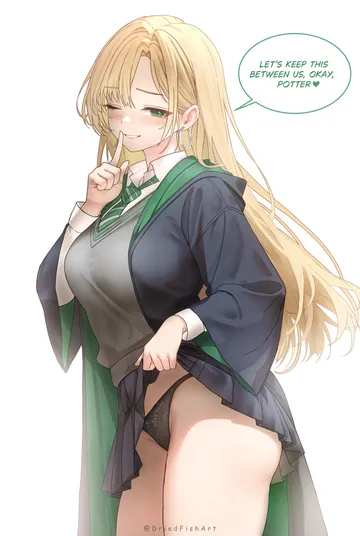 Пост #424: driedfishart, harry potter (series), wizarding world, malfoid, 1girl, artist name, black panties, black robe