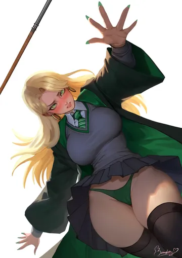 Пост #727: bombonart22, harry potter (series), wizarding world, malfoid, 1girl, black robe, black thighhighs, blonde hair