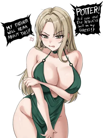 Пост #201: fangs (fangs art), harry potter (series), wizarding world, malfoid, 1girl, anger vein, arm under breasts, blonde hair, breasts, cleavage, dress, earrings