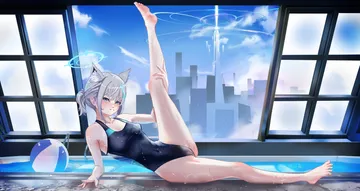 Пост #3813: rancidronin, blue archive, shiroko (blue archive), shiroko (swimsuit) (blue archive), 1girl, animal ear fluff, animal ears, ball