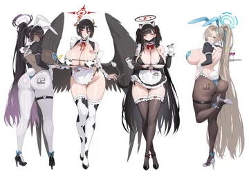 Пост #3082: ddog, blue archive, asuna (blue archive), hasumi (blue archive), karin (blue archive), rio (blue archive), 4girls, alternate breast size (larger)