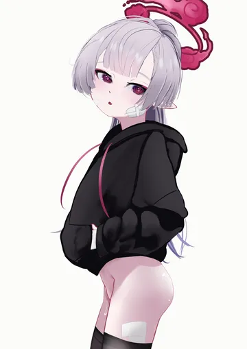 Пост #3769: rancidronin, blue archive, shuro (blue archive), 1girl, black hoodie, black thighhighs, bottomless, cowboy shot