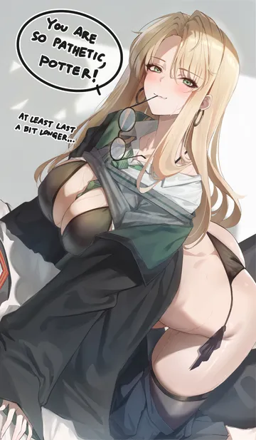 Пост #1018: gainoob, harry potter (series), wizarding world, malfoid, 1girl, all fours, between breasts, bikini