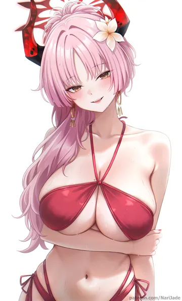 Пост #105: narijade, blue archive, satsuki (blue archive), satsuki (swimsuit) (blue archive), 1girl, arm under breasts, bare shoulders, bikini, blush, breasts, brown eyes, cleavage