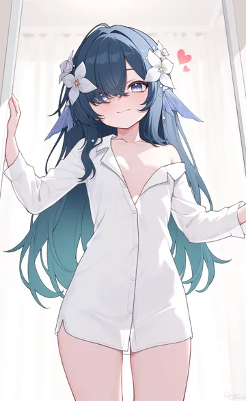 Пост #3143: origami (poinia), genshin impact, vodyanitsa (genshin impact), 1girl, black hair, blue eyes, breasts, closed mouth