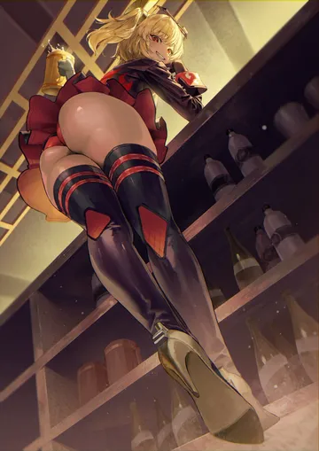 Пост #2089: 1girl, alcohol, ass, bar (place), black thighhighs, blonde hair, boots, bottle