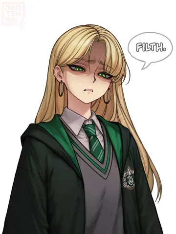 Пост #1357: redteneri, harry potter (series), wizarding world, malfoid, 1girl, artist logo, artist name, blonde hair