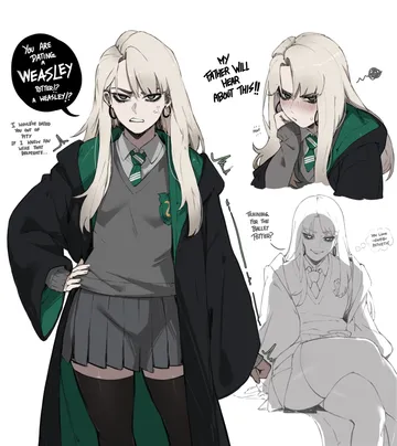 Пост #1239: masoq, harry potter (series), wizarding world, malfoid, 1girl, anger vein, black robe, black thighhighs