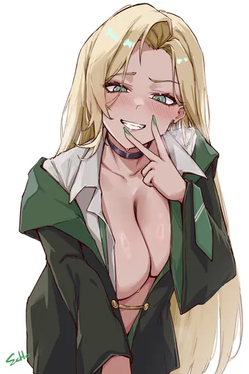 Пост #995: e.c.ho, harry potter (series), wizarding world, malfoid, 1girl, black choker, blonde hair, blush