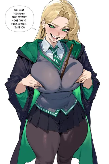 Пост #750: jamjamstyle, harry potter (series), wizarding world, malfoid, 1girl, black robe, blonde hair, blush
