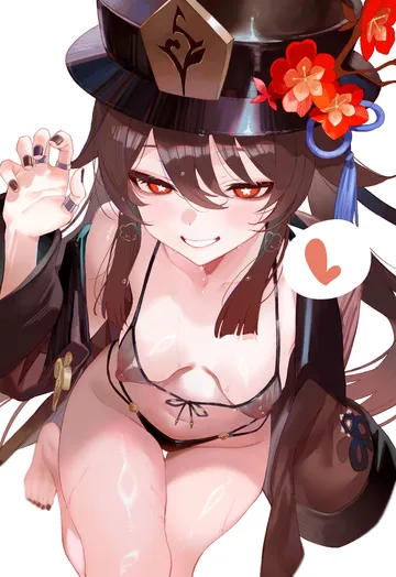 Пост #3964: suujiniku, genshin impact, hu tao (genshin impact), 1girl, alternate costume, bikini, black bikini, black hat