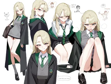 Пост #910: anyak05, harry potter (series), wizarding world, malfoid, 1girl, black robe, black skirt, blonde hair
