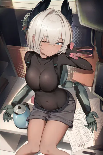 Пост #3066: jambaeng, arknights, raidian (arknights), ;), 1girl, bird girl, blue eyes, bodysuit